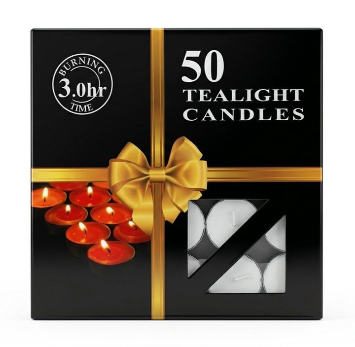 Tealight Candles, Pack of 50, White, 3 Hour Burn Time – Unscented, Dripless Aluminium Cup Tea Lights for Diwali Decor, Weddings & Gifting