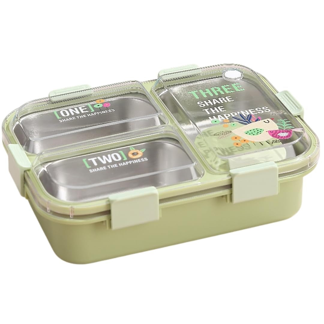 Kids Lunch Box with 3 Steel Compartments – Leak-Proof Tiffin with Water Warming, Spoon & Chopsticks (750ml + 70ml)