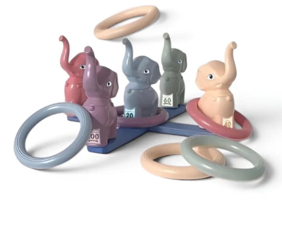 Ferrule Game Teaching In Fun For Kids – Elephant Ring Toss Game Set with 5 Pastel Elephants & 5 Rings for Indoor & Outdoor Play, Ages 3+