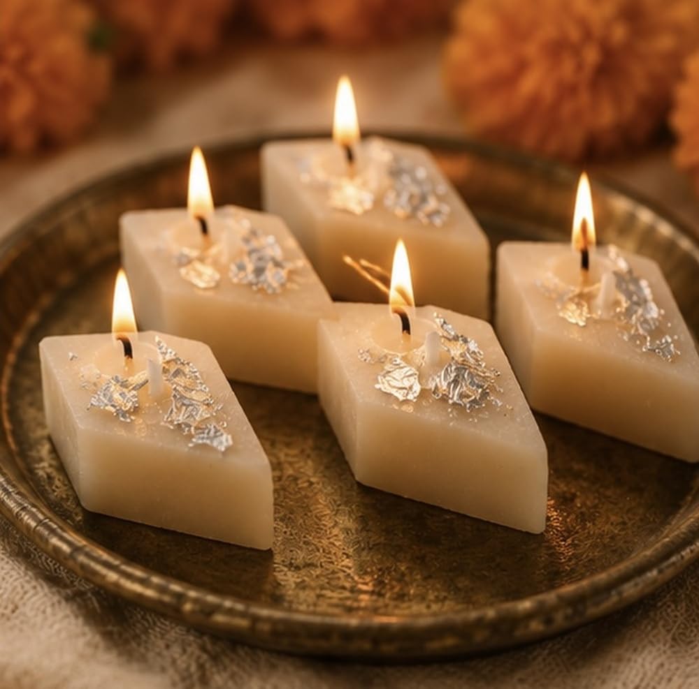 Kaju Katli Shaped Scented Soy Candles (Piece of 6) – Mithai Candles for Diwali Decor, Pooja Ghar, Rangoli, Gifting & Table Centrepiece