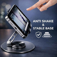 Metal Mobile Stand for Desk – 360° Rotating Foldable Phone & Tablet Holder, Adjustable Height, Anti-Slip Base, Portable Black