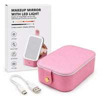 Table Lamp Makeup Mirror with LED Light RBMM-03 – Rechargeable Folding Vanity Mirror with 3 Colour Light Modes, 90° Tilt & Built-in Cosmetic Storage Box (Pink)