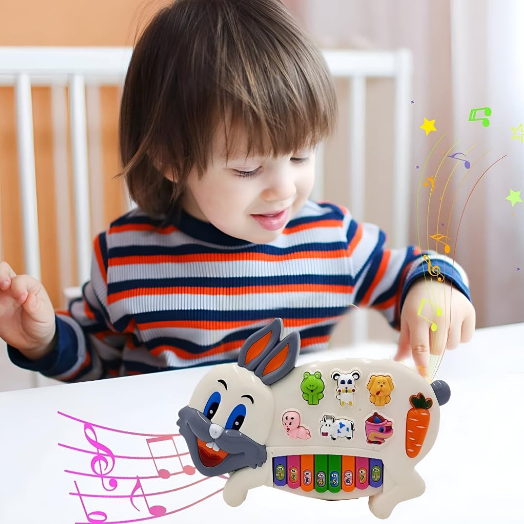 Musical Rabbit Piano Toy for Kids – 8 Colourful Big Keys Rabbit Keyboard with 3 Play Modes, Animal Sounds & Flashing Lights for Toddlers 1-5 Years