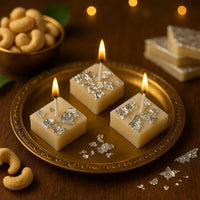 Kaju Katli Shaped Scented Soy Candles (Piece of 6) – Mithai Candles for Diwali Decor, Pooja Ghar, Rangoli, Gifting & Table Centrepiece