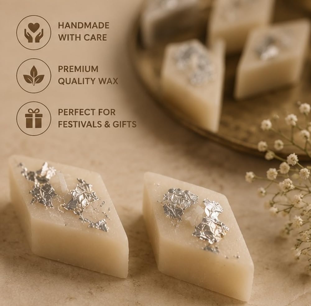 Kaju Katli Shaped Scented Soy Candles (Piece of 6) – Mithai Candles for Diwali Decor, Pooja Ghar, Rangoli, Gifting & Table Centrepiece