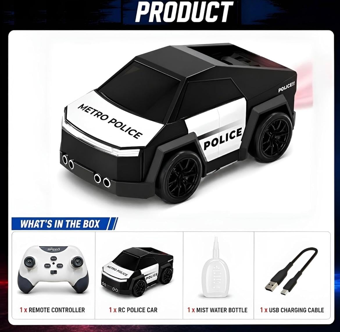 Police RC Drift Cyber Car Toy For Kids – Rechargeable Mini Drift Stunt Car with Spray Mist, LED Lights, Music, Follow & Escape Modes, 360° Spin for Boys & Girls 3+