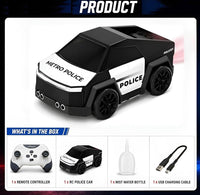 Police RC Drift Cyber Car Toy For Kids – Rechargeable Mini Drift Stunt Car with Spray Mist, LED Lights, Music, Follow & Escape Modes, 360° Spin for Boys & Girls 3+