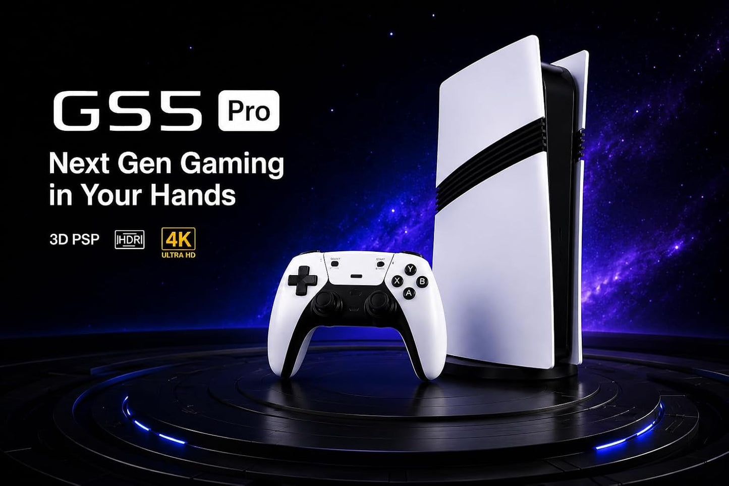GS5 Pro Wireless Retro Gaming Console – 4K HDMI TV Game Stick with 2 Wireless Controllers, 64GB & 53 Built-In Systems for All Ages (White)