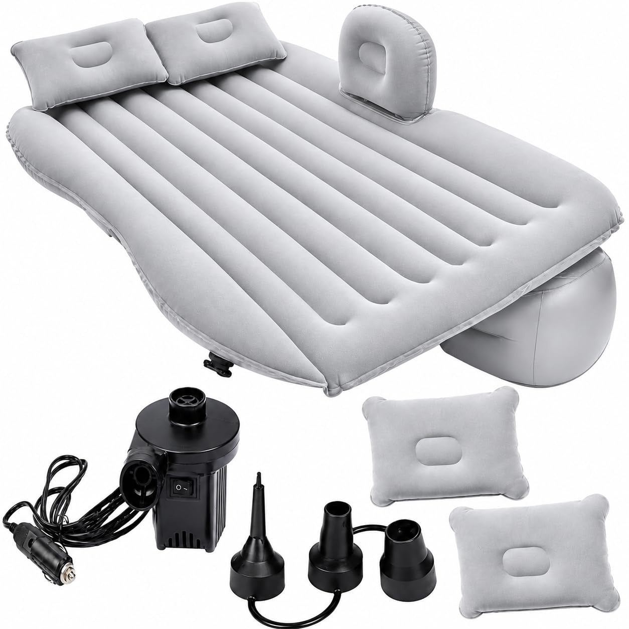 Car Inflatable Bed Mattress 130 × 80 cm – Portable Back Seat Air Bed with 12V Electric Pump & 2 Air Pillows for Travel, Camping & Road Trips (Silver)