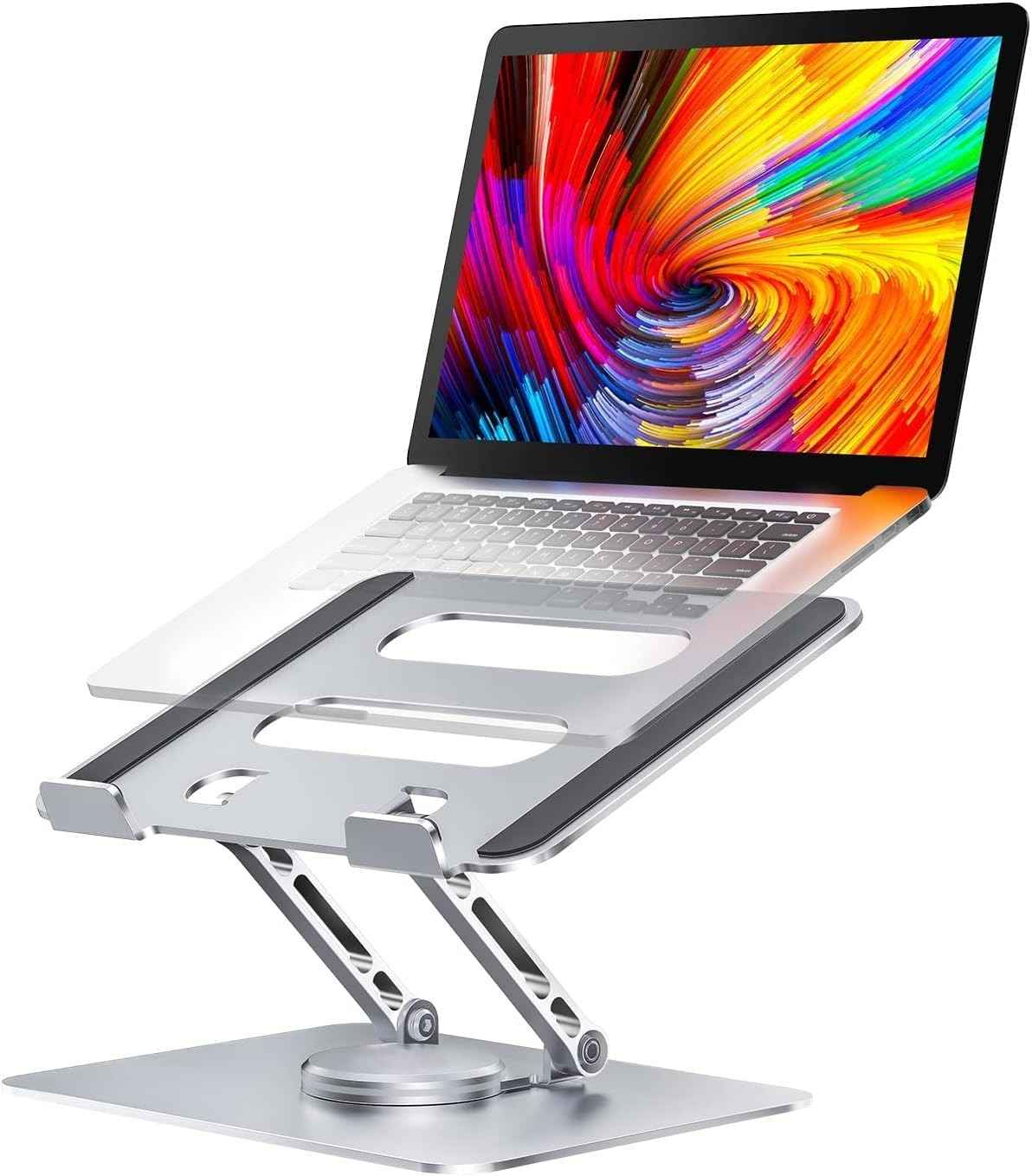 360° Rotating Foldable Laptop Stand for Desk – Adjustable Aluminium Frame & Wooden Base with Anti-Slip Pads for Home & Office