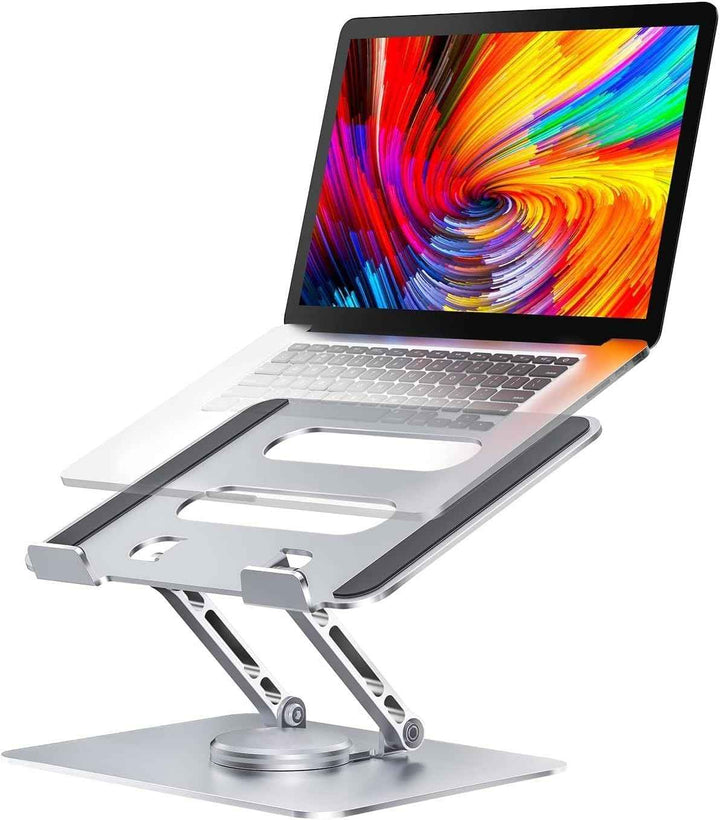 360° Rotating Foldable Laptop Stand for Desk – Adjustable Aluminium Frame & Wooden Base with Anti-Slip Pads for Home & Office