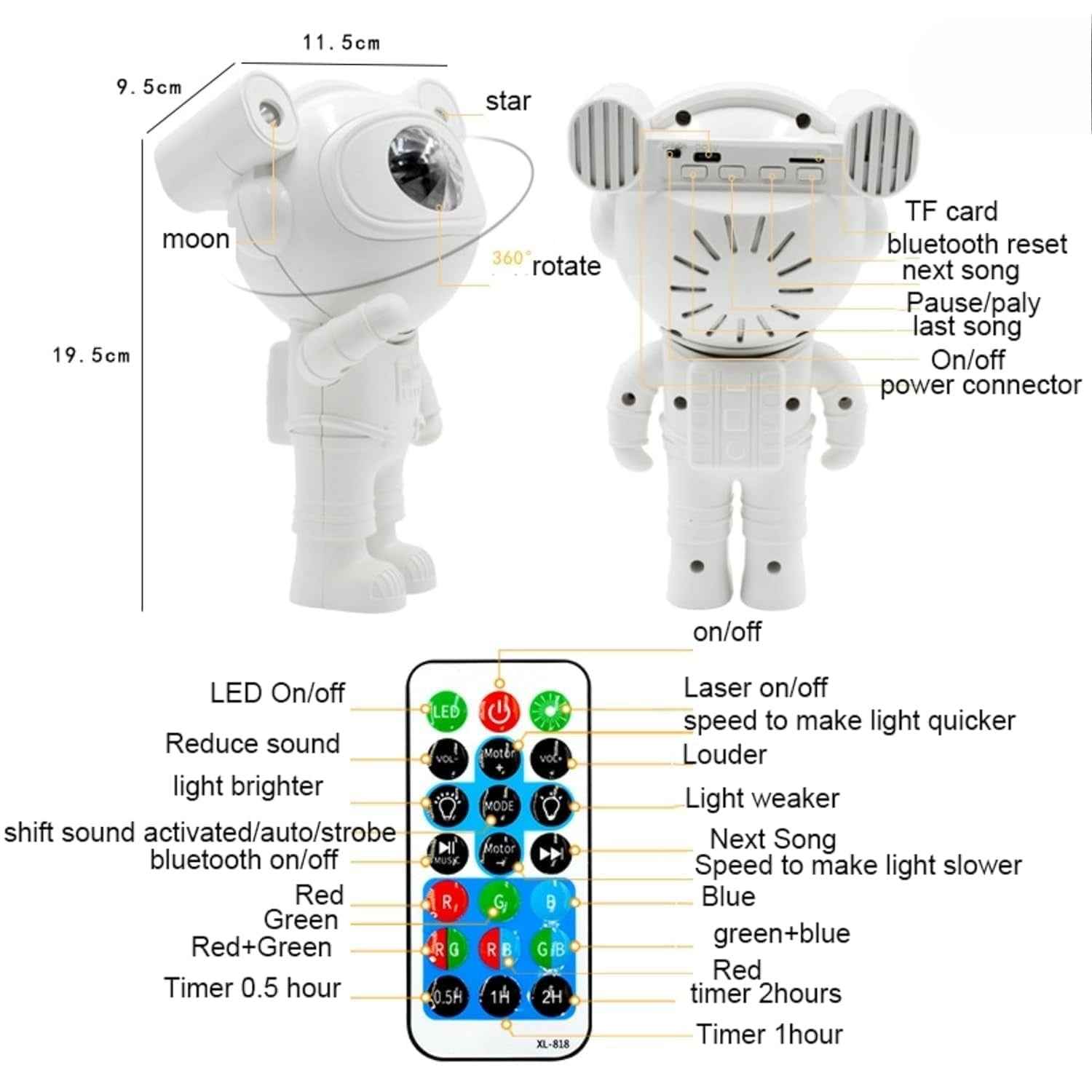 Astronaut Space Projector Lamp with Bluetooth Speaker