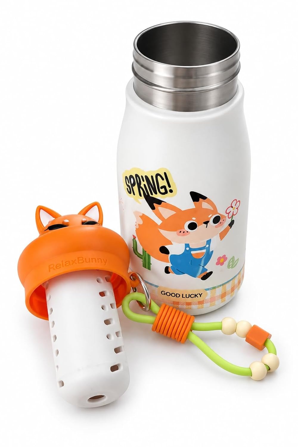 Kids Water Bottle Animal Design-500ml – Cute Fox Stainless Steel Insulated Flask with Straw, Infuser & Carry Strap
