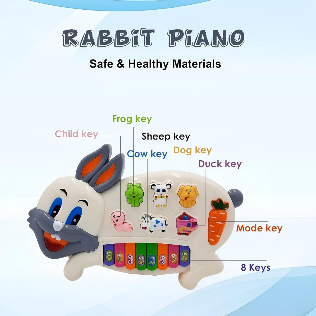 Musical Rabbit Piano Toy for Kids – 8 Colourful Big Keys Rabbit Keyboard with 3 Play Modes, Animal Sounds & Flashing Lights for Toddlers 1-5 Years