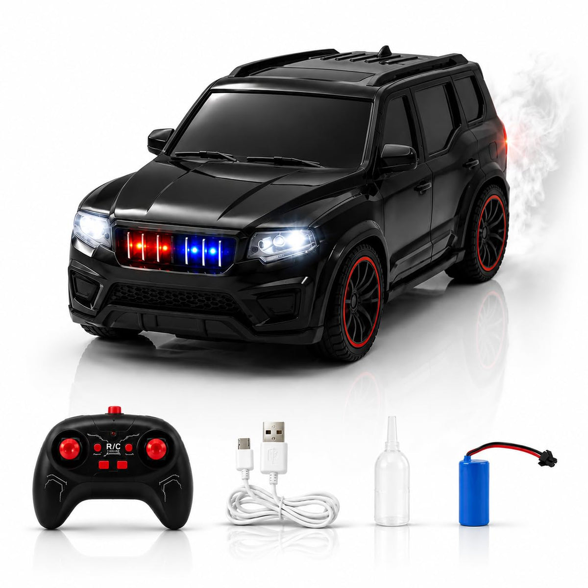 Remote Control Scorpio N Car – Spray, Lights and Music | 1:18 Scale 2.4GHz RC SUV with Police Siren & Rechargeable Battery for Kids 4+