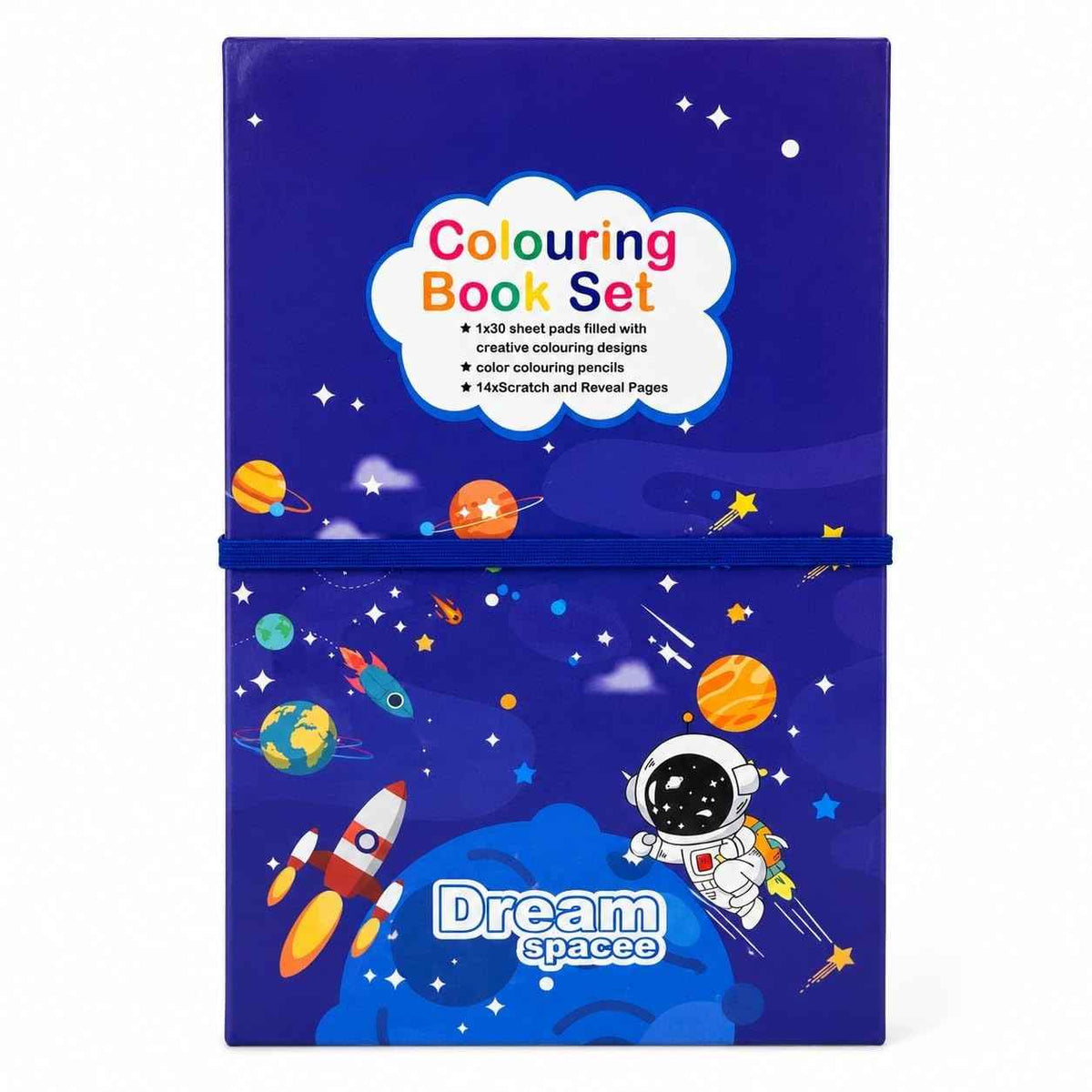 Colouring Book Set for Kids – Art Kit with 30 Colouring Sheets, 14 Scratch Art Pages, 10 Colour Pencils & Wooden Stylus for Boys & Girls 3+ (Space, Unicorn & Dino Themes)