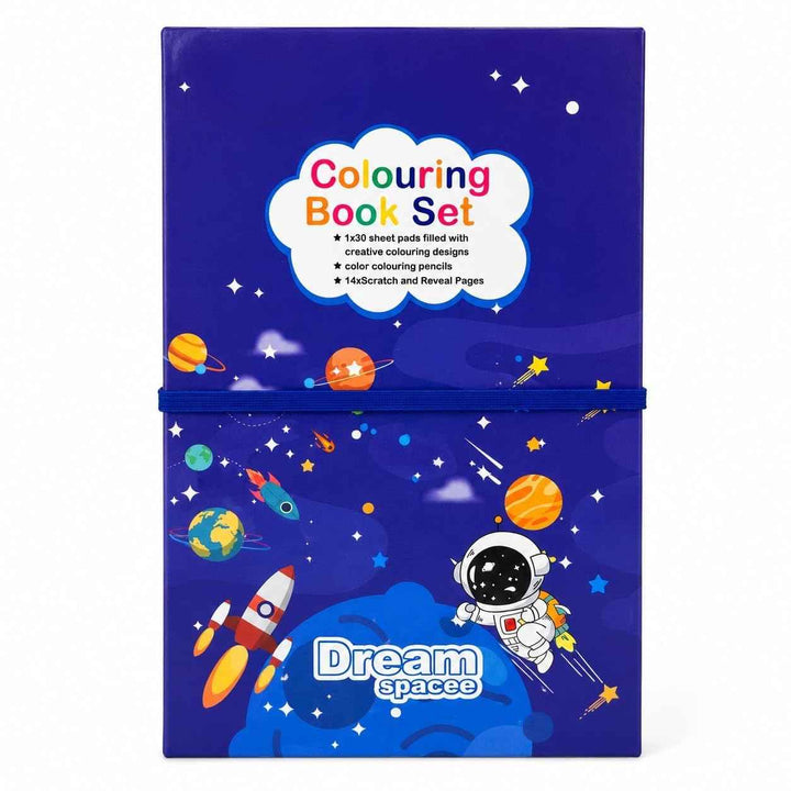 Colouring Book Set for Kids – Art Kit with 30 Colouring Sheets, 14 Scratch Art Pages, 10 Colour Pencils & Wooden Stylus for Boys & Girls 3+ (Space, Unicorn & Dino Themes)
