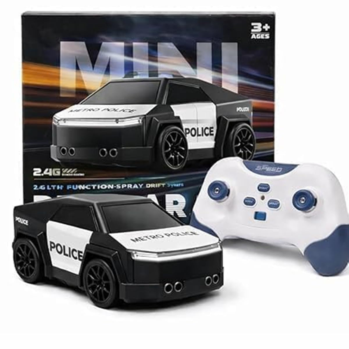 Police RC Drift Cyber Car Toy For Kids – Rechargeable Mini Drift Stunt Car with Spray Mist, LED Lights, Music, Follow & Escape Modes, 360° Spin for Boys & Girls 3+
