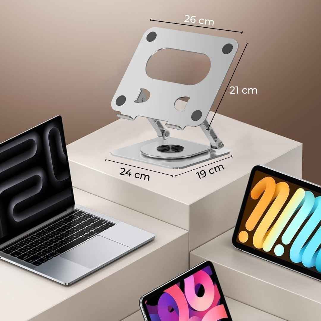 360° Rotating Foldable Laptop Stand for Desk – Adjustable Aluminium Frame & Wooden Base with Anti-Slip Pads for Home & Office