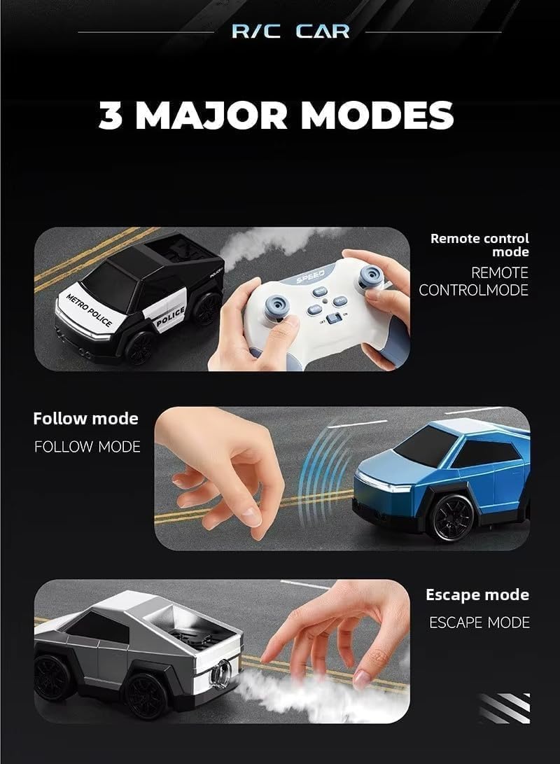 Police RC Drift Cyber Car Toy For Kids – Rechargeable Mini Drift Stunt Car with Spray Mist, LED Lights, Music, Follow & Escape Modes, 360° Spin for Boys & Girls 3+