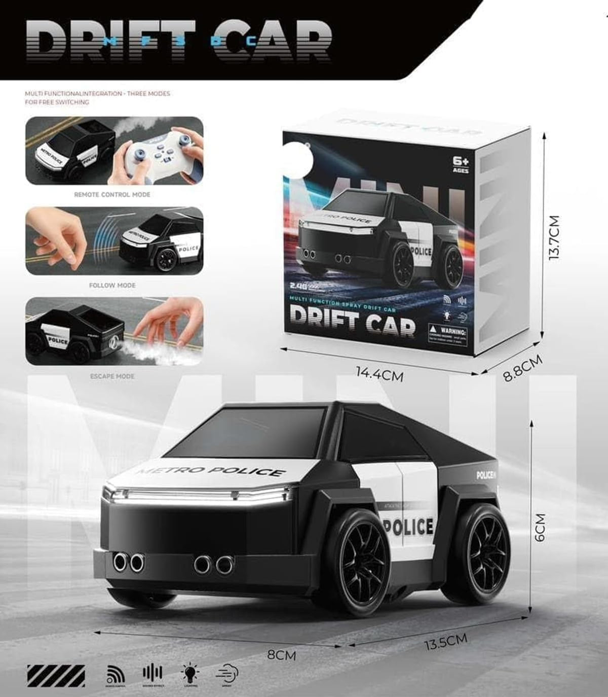 Police RC Drift Cyber Car Toy For Kids – Rechargeable Mini Drift Stunt Car with Spray Mist, LED Lights, Music, Follow & Escape Modes, 360° Spin for Boys & Girls 3+