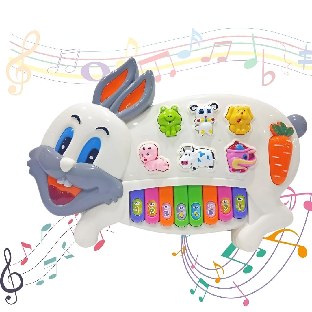 Musical Rabbit Piano Toy for Kids – 8 Colourful Big Keys Rabbit Keyboard with 3 Play Modes, Animal Sounds & Flashing Lights for Toddlers 1-5 Years