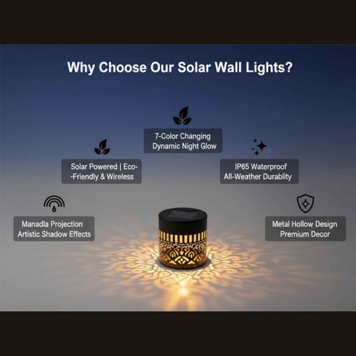 Solar Atmosphere Wall Lamp – Mandala Outdoor Solar Light with USB Cable, 1200mAh & Auto Dusk Glow for Garden, Fence & Deck (Black)