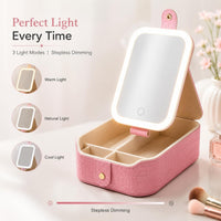 Table Lamp Makeup Mirror with LED Light RBMM-03 – Rechargeable Folding Vanity Mirror with 3 Colour Light Modes, 90° Tilt & Built-in Cosmetic Storage Box (Pink)