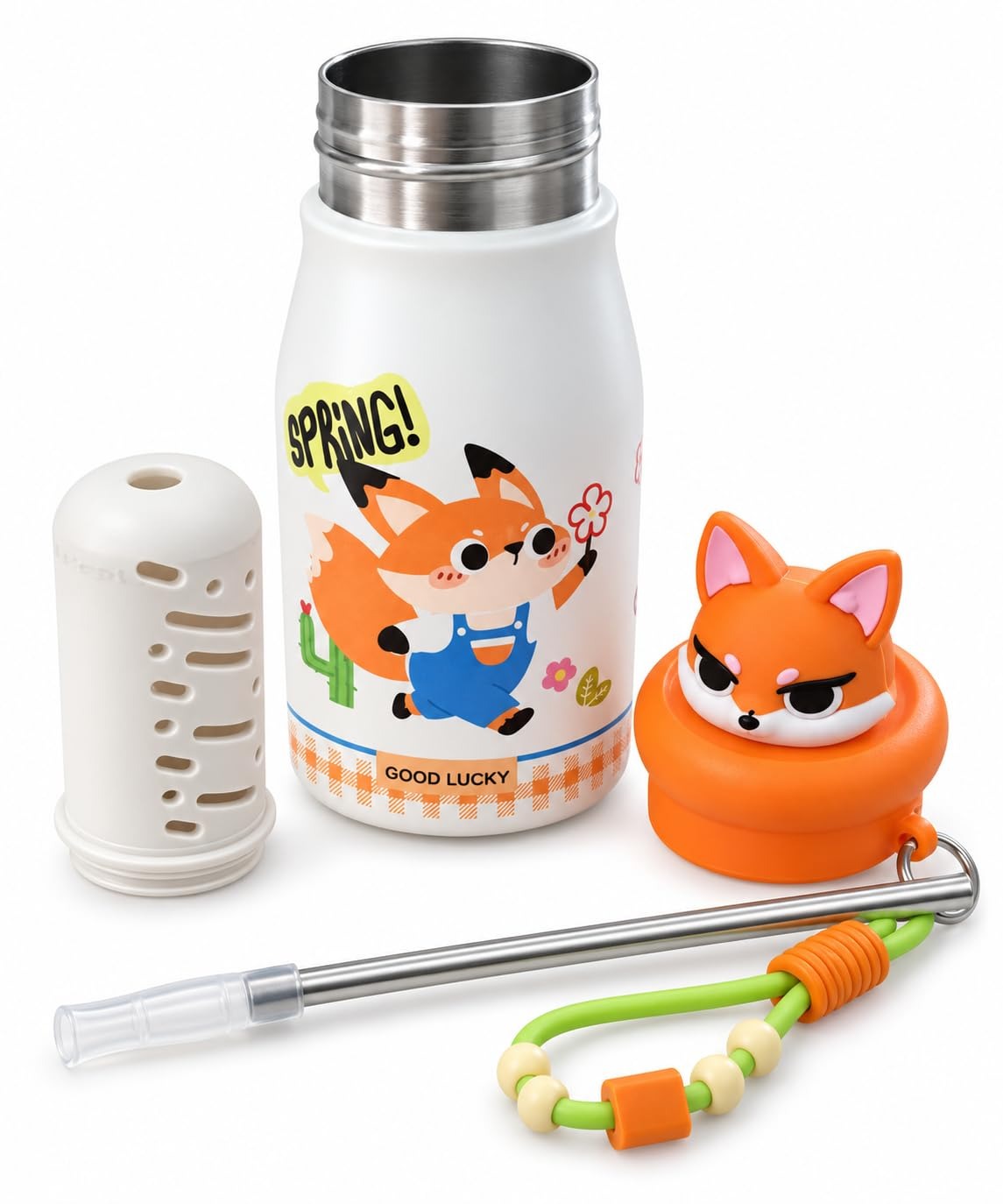 Kids Water Bottle Animal Design-500ml – Cute Fox Stainless Steel Insulated Flask with Straw, Infuser & Carry Strap