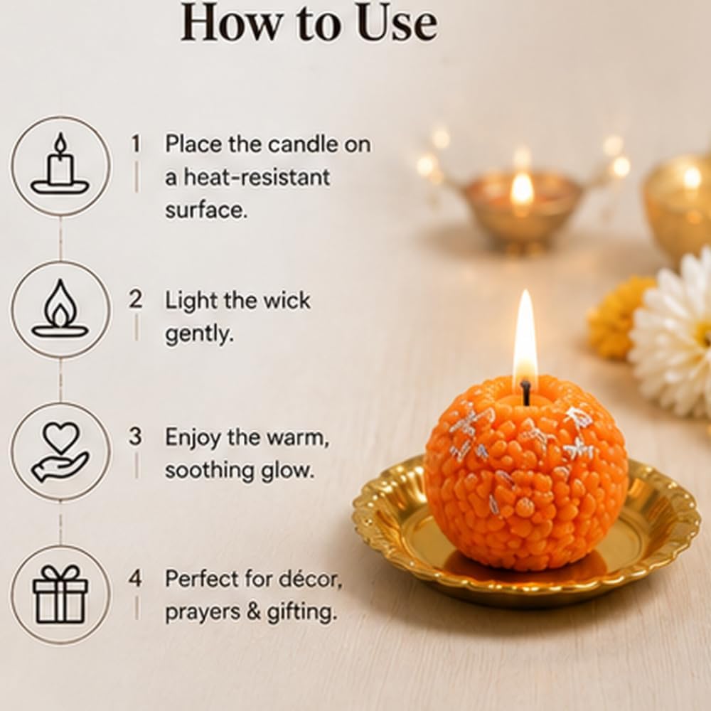 Motichur Ladoo Decorative Candle Set Pack of 4 – Traditional Indian Sweet-Shaped Festive Candles for Diwali, Pooja & Home Decor