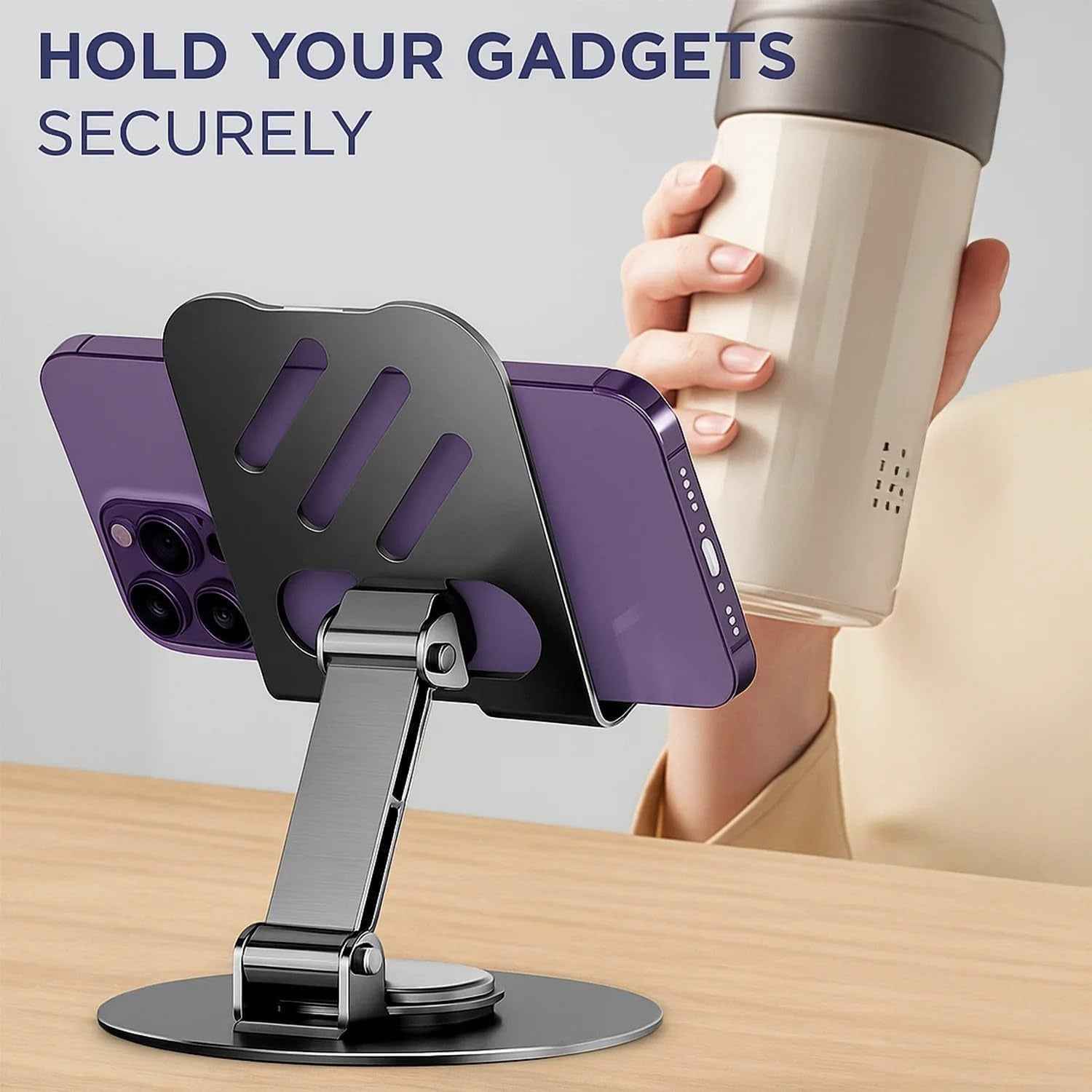 Metal Mobile Stand for Desk – 360° Rotating Foldable Phone & Tablet Holder, Adjustable Height, Anti-Slip Base, Portable Black