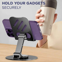 Metal Mobile Stand for Desk – 360° Rotating Foldable Phone & Tablet Holder, Adjustable Height, Anti-Slip Base, Portable Black