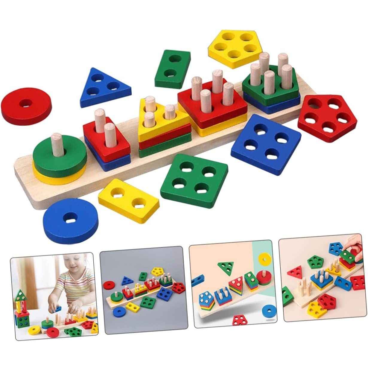 Geometric Sleeve Column – Wooden Shape & Colour Sorting Stacking Toy for Toddlers, Montessori-Style Fine Motor Learning Set
