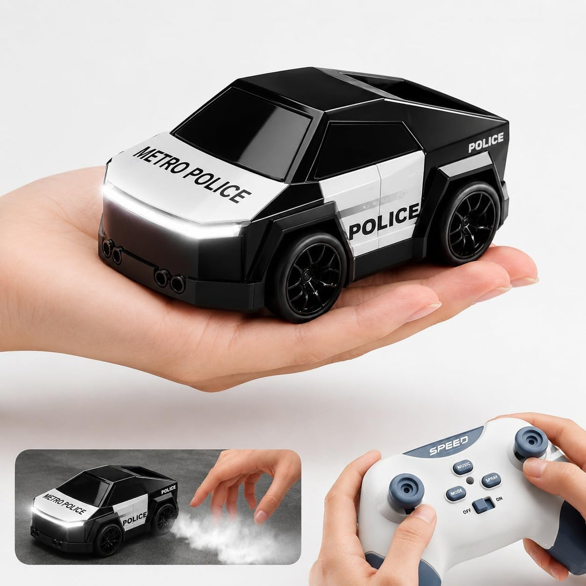 Police RC Drift Cyber Car Toy For Kids – Rechargeable Mini Drift Stunt Car with Spray Mist, LED Lights, Music, Follow & Escape Modes, 360° Spin for Boys & Girls 3+