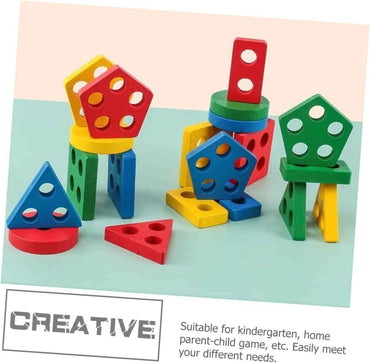 Geometric Sleeve Column – Wooden Shape & Colour Sorting Stacking Toy for Toddlers, Montessori-Style Fine Motor Learning Set
