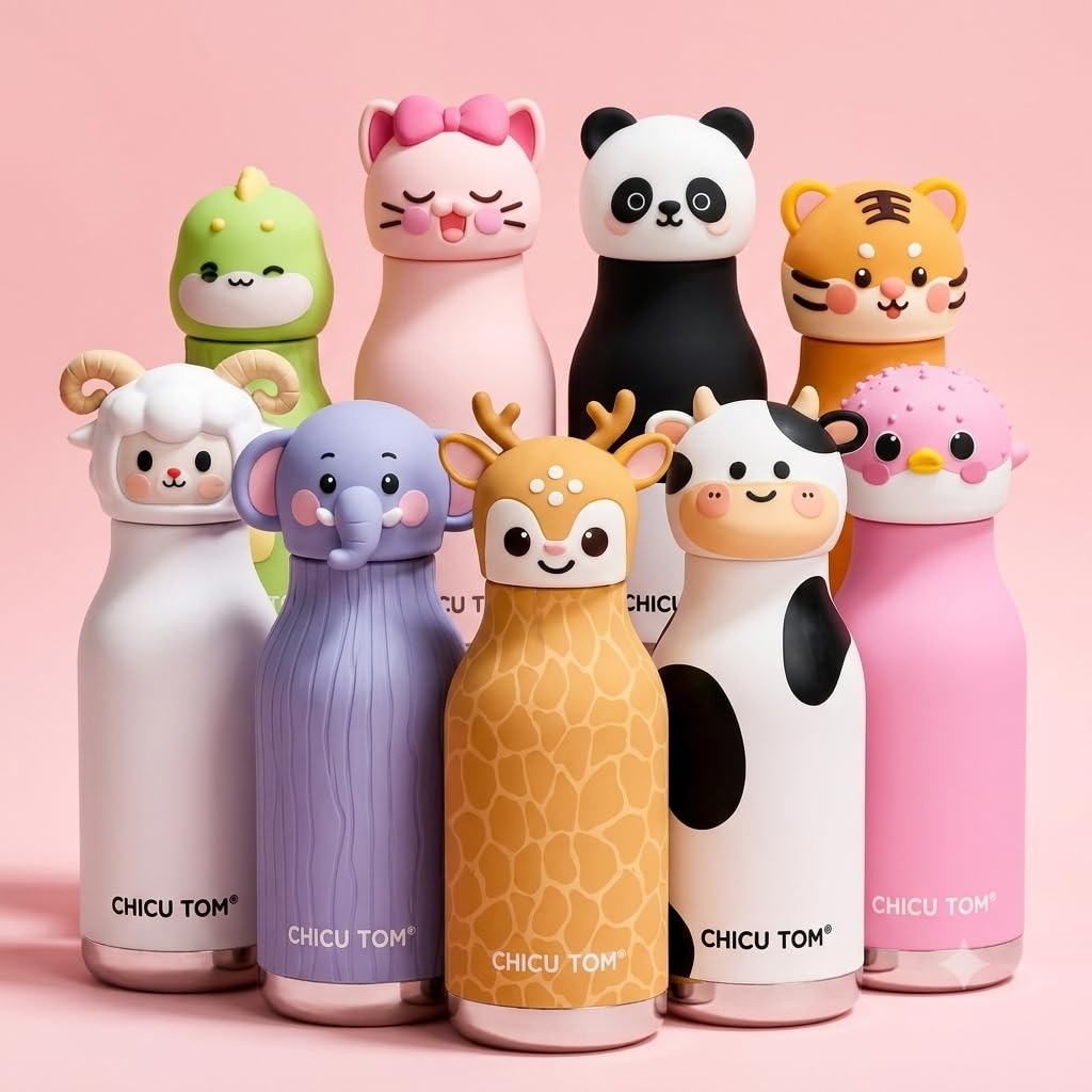 ChicuTom 3D Animal Stainless Steel Water Bottle 480ML – Leak-Resistant Reusable Bottle for Kids & Adults, School, Sports & Travel