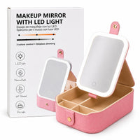 Table Lamp Makeup Mirror with LED Light RBMM-03 – Rechargeable Folding Vanity Mirror with 3 Colour Light Modes, 90° Tilt & Built-in Cosmetic Storage Box (Pink)