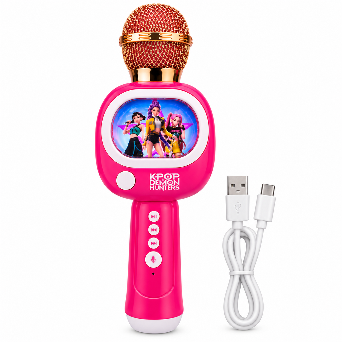 K-Pop Demon Hunters Wireless Karaoke Microphone – Bluetooth Mic with Built-in Speaker, LED Lights & Voice Effects for Kids 3+ (Charging Cable Included)