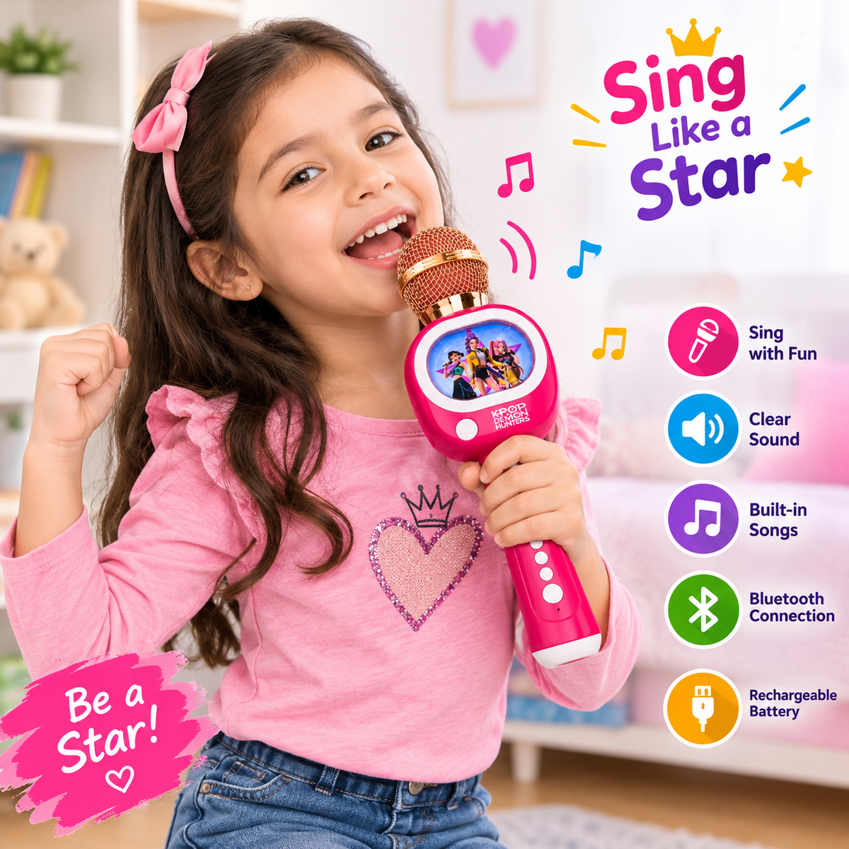 K-Pop Demon Hunters Wireless Karaoke Microphone – Bluetooth Mic with Built-in Speaker, LED Lights & Voice Effects for Kids 3+ (Charging Cable Included)