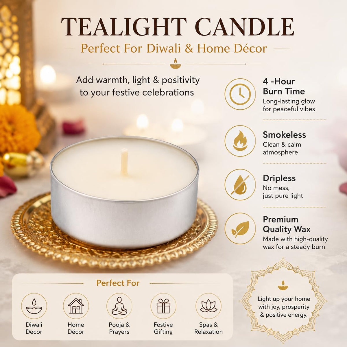 Tealight Candles, Pack of 50, White, 3 Hour Burn Time – Unscented, Dripless Aluminium Cup Tea Lights for Diwali Decor, Weddings & Gifting