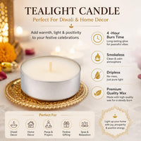 Tealight Candles, Pack of 50, White, 3 Hour Burn Time – Unscented, Dripless Aluminium Cup Tea Lights for Diwali Decor, Weddings & Gifting