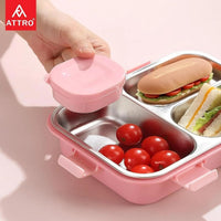 Kids Lunch Box with 3 Steel Compartments – Leak-Proof Tiffin with Water Warming, Spoon & Chopsticks (750ml + 70ml)