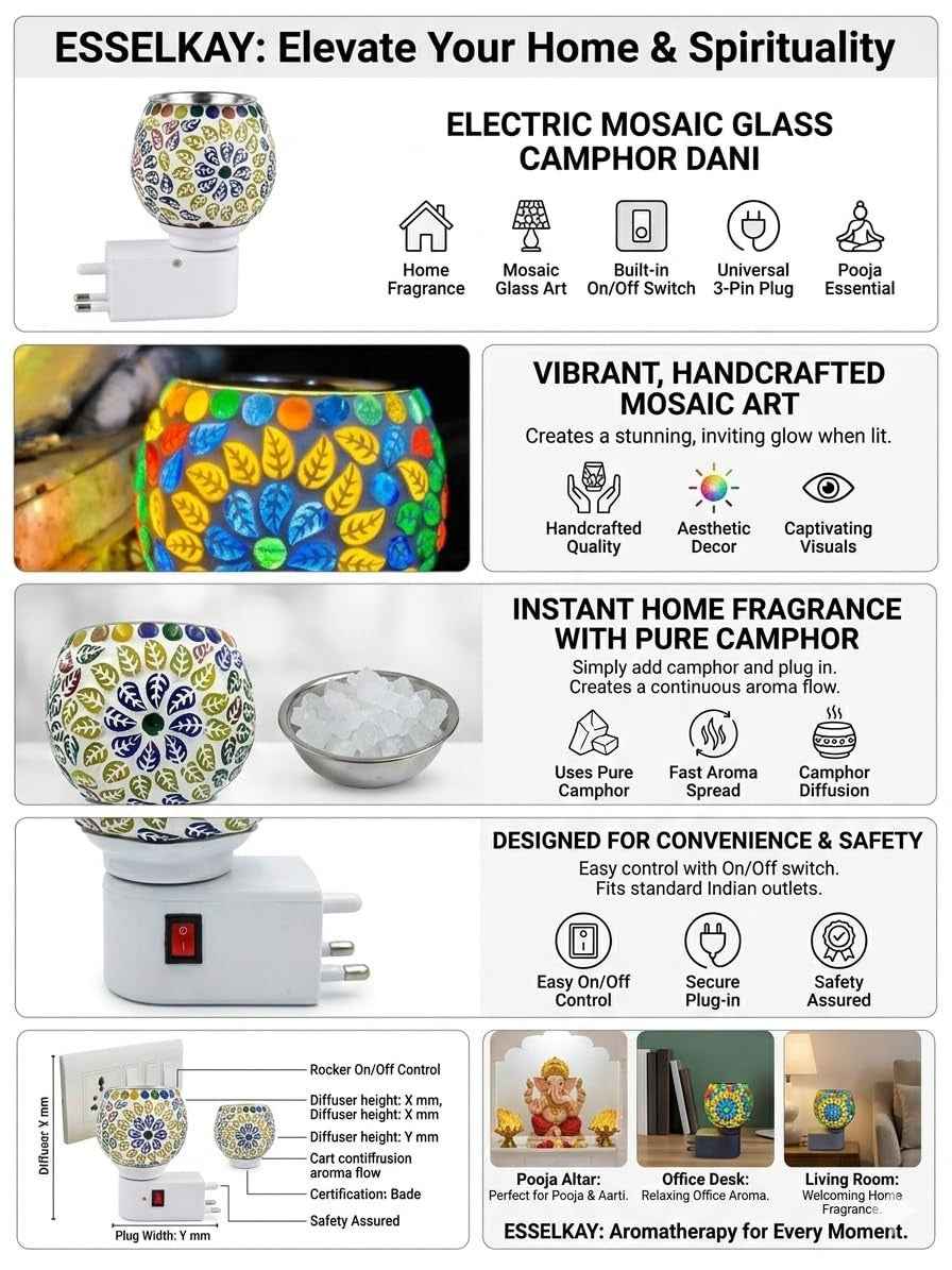 Electric Glass Mosaic Kapoor Dani – Plug-In Camphor Diffuser, Aroma Oil Burner & Night Lamp