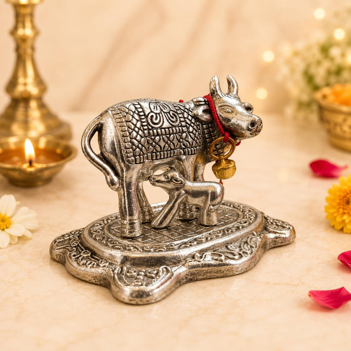 Decorative Metal Cow & Calf Idol – Kamdhenu Statue for Pooja Room, Home Décor & Office Desk | Vastu Showpiece for Diwali & Housewarming Gifting (Golden / Silver)