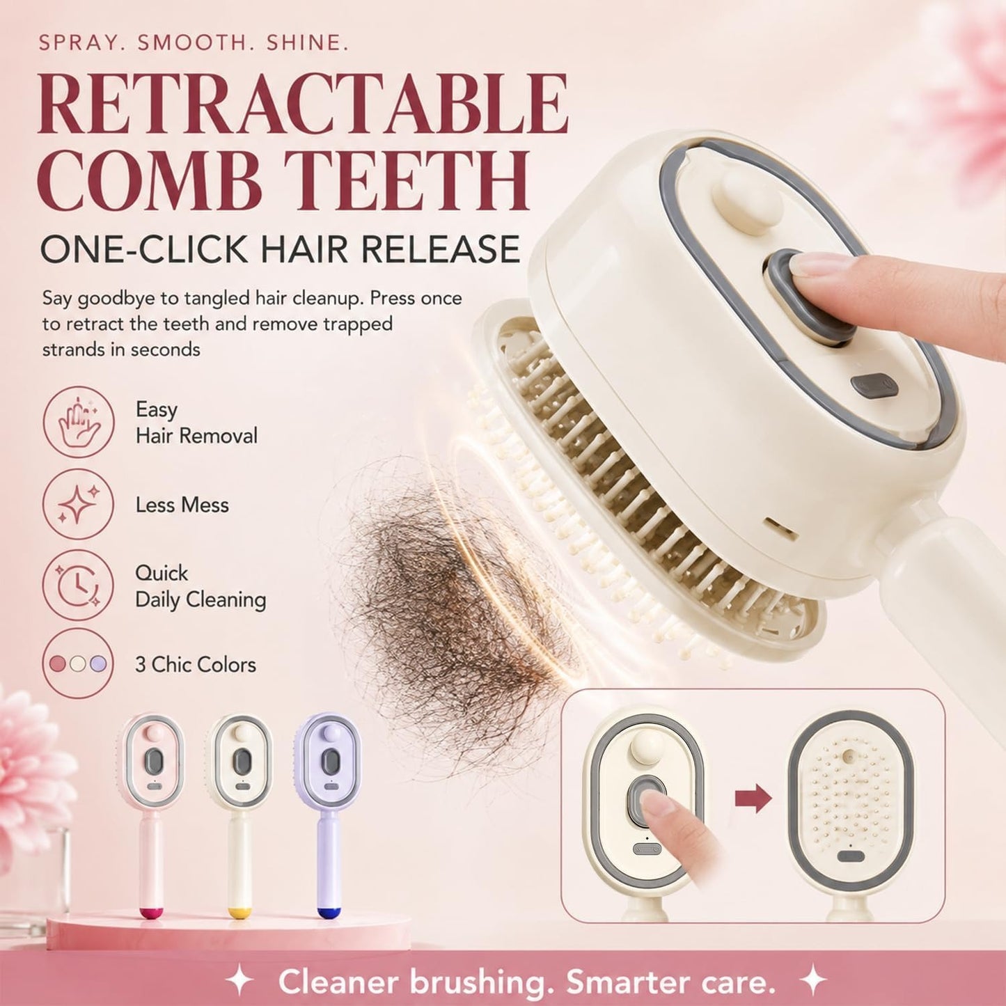 ASW Electric Spray Retractable Air Cushion Comb L1 – 3-in-1 Rechargeable Mist Hair Brush with Self-Cleaning Bristles, Anti-Static Detangling & Scalp Massage for All Hair Types