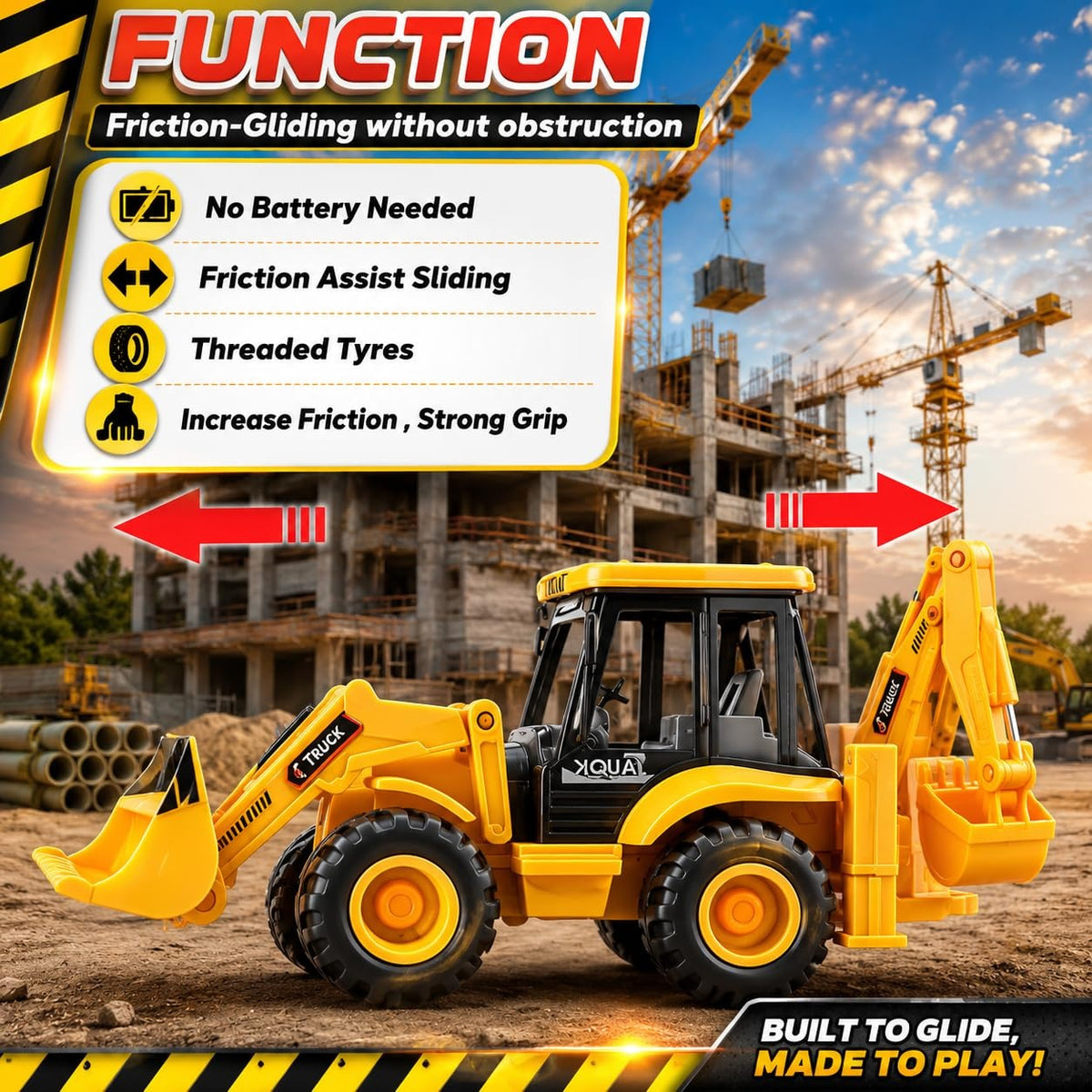 Friction JCB Toy For Kids 3+ Ages – 2-in-1 Bulldozer & Excavator Construction Truck with 180° Rotatable Shovel, Big Rubber Wheels & Push-and-Go Action (Yellow & Black)