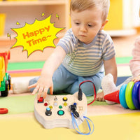Wooden Busy Board — Controller-Shaped Sensory Toy with LED Lights, Switches & Keys for Toddlers 1–3