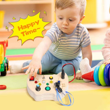 Wooden Busy Board — Controller-Shaped Sensory Toy with LED Lights, Switches & Keys for Toddlers 1–3