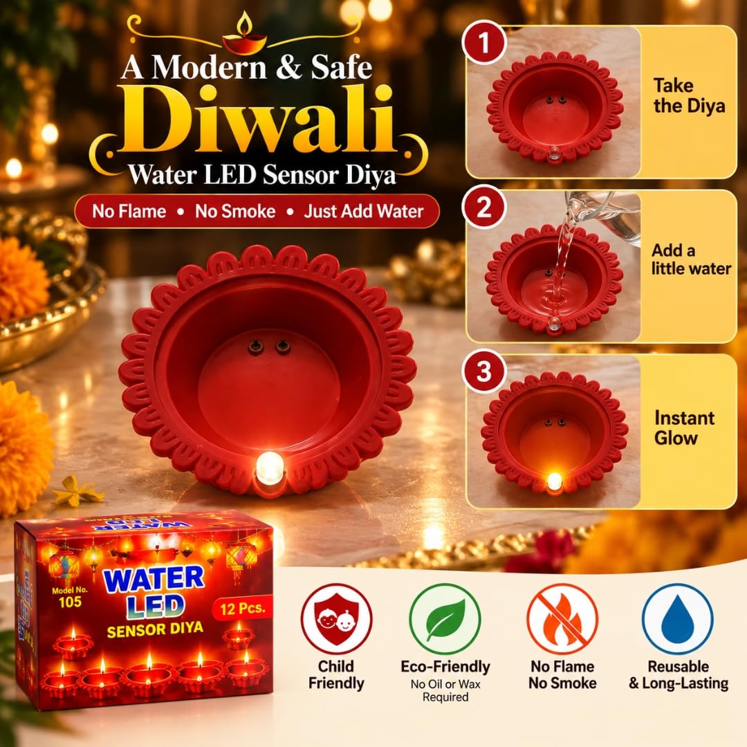 Water Sensor LED Diya 12 pcs – Reusable Flameless Red Diyas for Diwali Decor