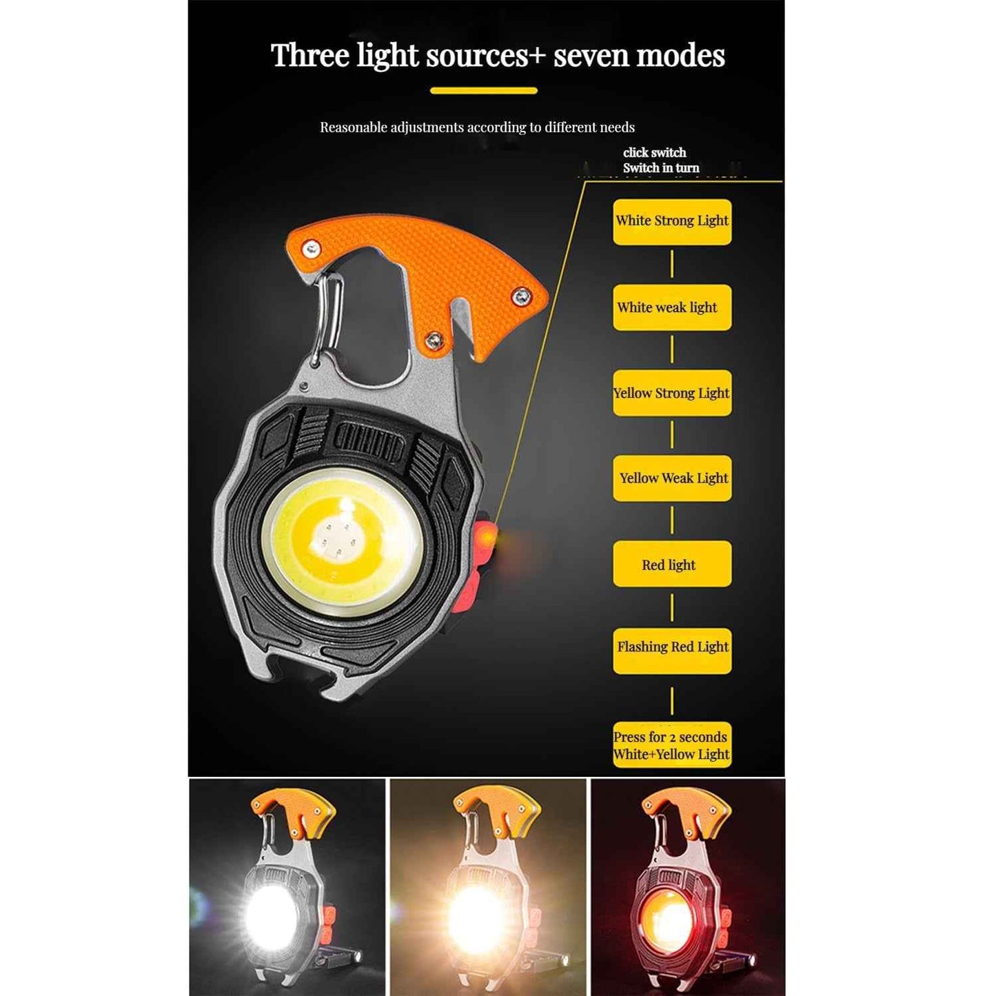 LED Key Chain Light – Rechargeable COB Mini Flashlight with 7 Modes, Magnet, Screwdriver, Bottle Opener & Seat Belt Cutter, Type-C Emergency Torch